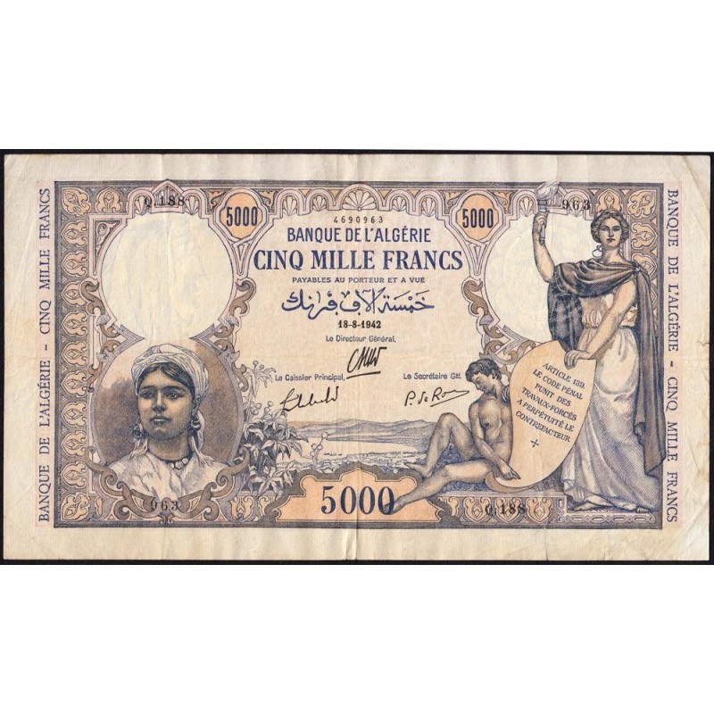 Algérie - Pick 90 - 5'000 francs - Série Q.188 - 18/08/1942 - Etat : TTB