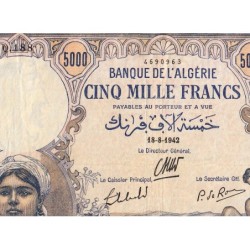 Algérie - Pick 90 - 5'000 francs - Série Q.188 - 18/08/1942 - Etat : TTB