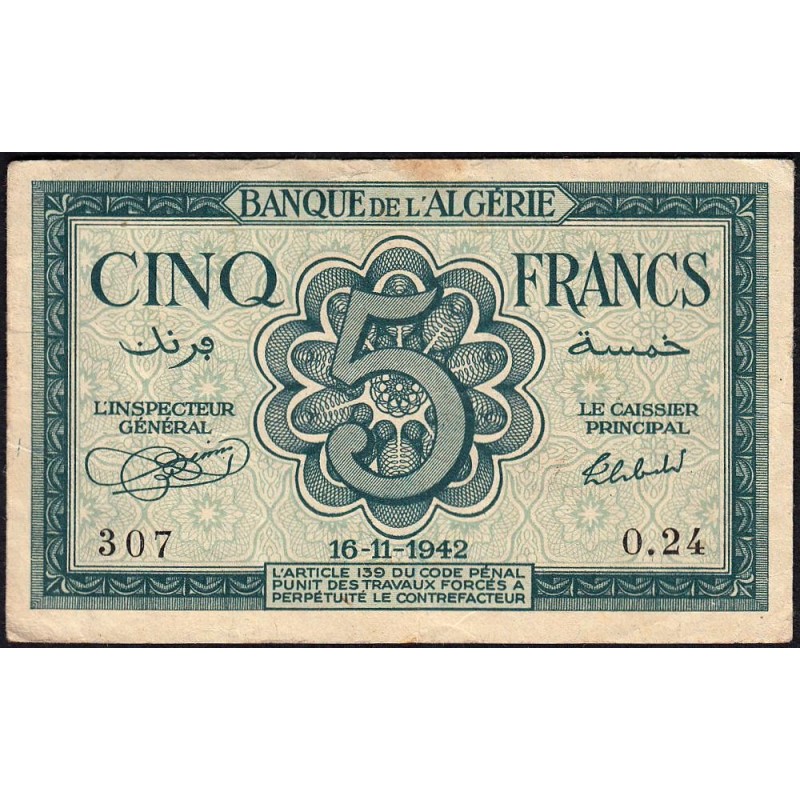 Algérie - Pick 91 - 5 francs - Série O.24 - 16/11/1942 - Etat : TB+