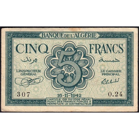 Algérie - Pick 91 - 5 francs - Série O.24 - 16/11/1942 - Etat : TB+