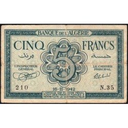 Algérie - Pick 91 - 5 francs - Série N.35 - 16/11/1942 - Etat : TB