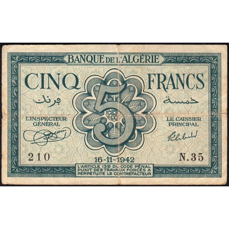 Algérie - Pick 91 - 5 francs - Série N.35 - 16/11/1942 - Etat : TB
