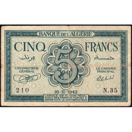 Algérie - Pick 91 - 5 francs - Série N.35 - 16/11/1942 - Etat : TB