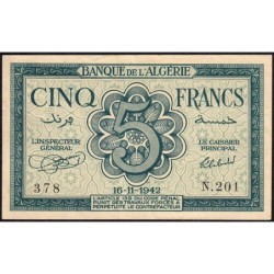 Algérie - Pick 91 - 5 francs - Série N.201 - 16/11/1942 - Etat : TTB