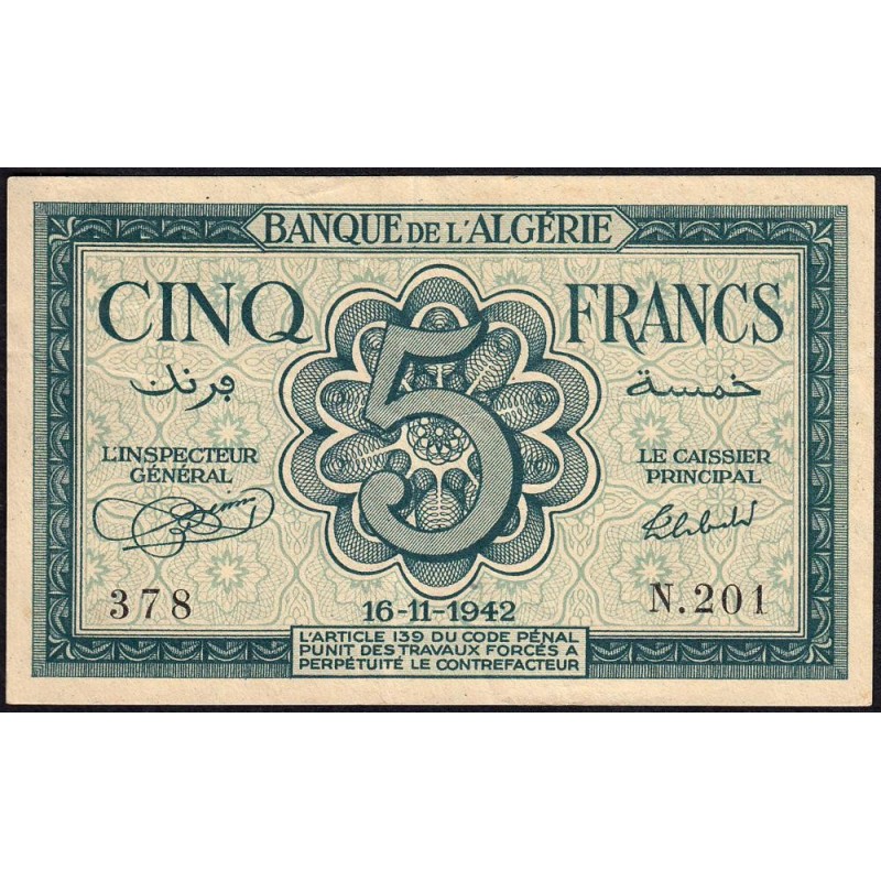 Algérie - Pick 91 - 5 francs - Série N.201 - 16/11/1942 - Etat : TTB