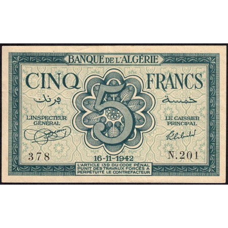 Algérie - Pick 91 - 5 francs - Série N.201 - 16/11/1942 - Etat : TTB