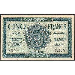 Algérie - Pick 91 - 5 francs - Série U.525 - 16/11/1942 - Etat : SPL+