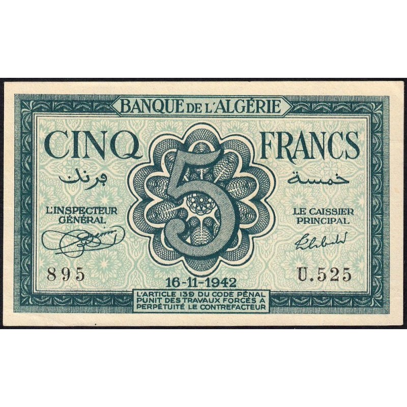Algérie - Pick 91 - 5 francs - Série U.525 - 16/11/1942 - Etat : SPL+