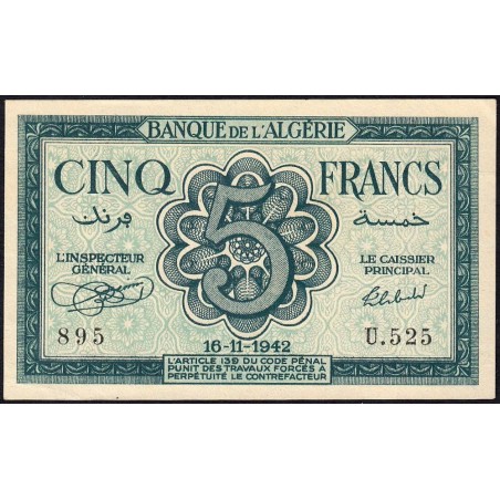 Algérie - Pick 91 - 5 francs - Série U.525 - 16/11/1942 - Etat : SPL+