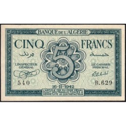 Algérie - Pick 91 - 5 francs - Série R.629 - 16/11/1942 - Etat : TTB+