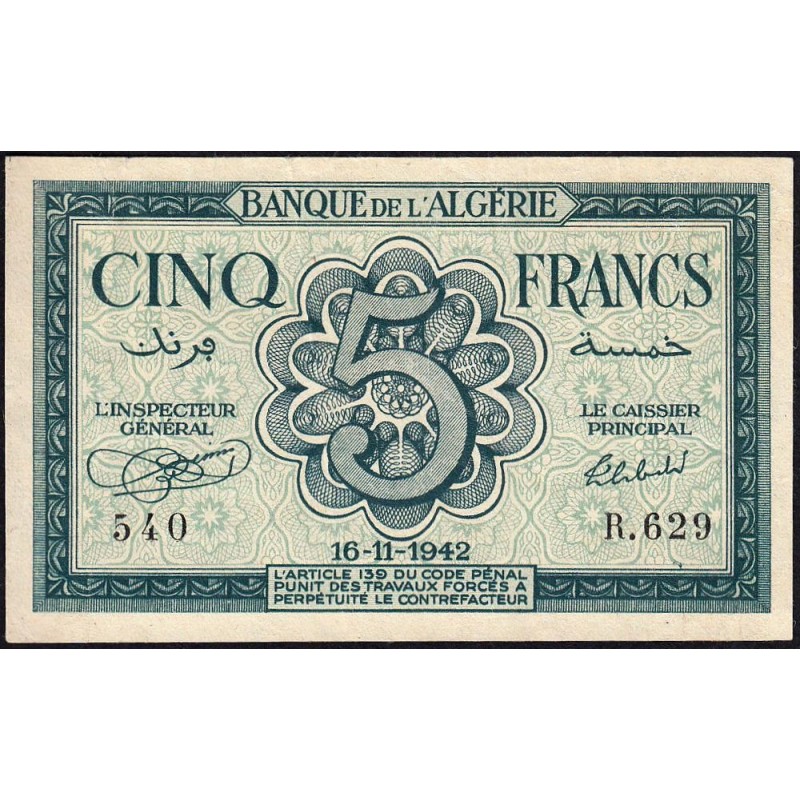 Algérie - Pick 91 - 5 francs - Série R.629 - 16/11/1942 - Etat : TTB+