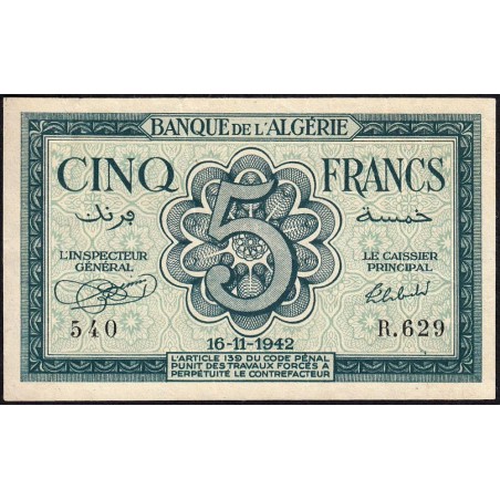 Algérie - Pick 91 - 5 francs - Série R.629 - 16/11/1942 - Etat : TTB+