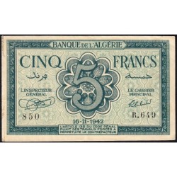 Algérie - Pick 91 - 5 francs - Série R.649 - 16/11/1942 - Etat : TTB