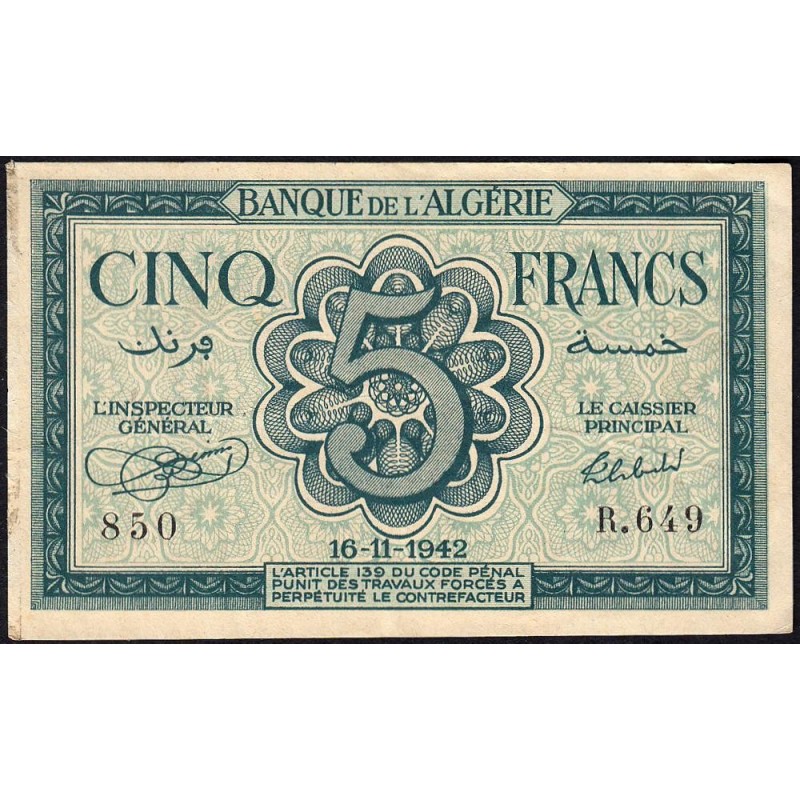 Algérie - Pick 91 - 5 francs - Série R.649 - 16/11/1942 - Etat : TTB