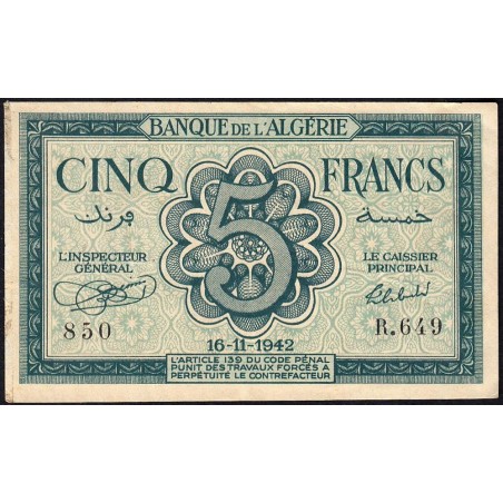 Algérie - Pick 91 - 5 francs - Série R.649 - 16/11/1942 - Etat : TTB