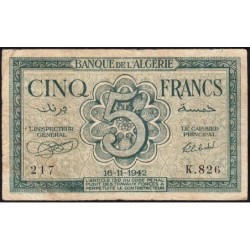 Algérie - Pick 91 - 5 francs - Série K.826 - 16/11/1942 - Etat : TB-