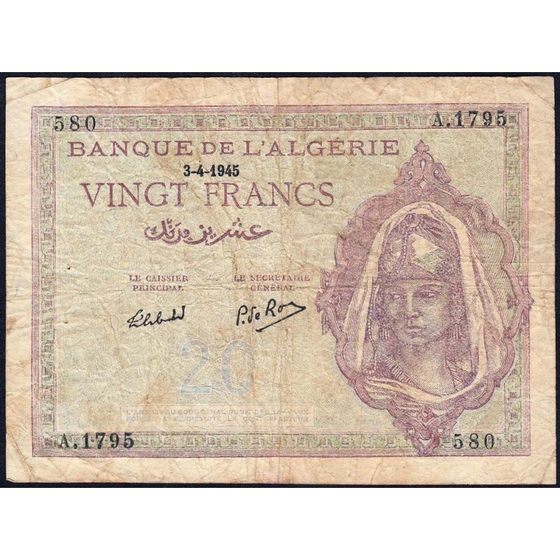Algérie - Pick 92b - 20 francs - Série A.1795 - 03/04/1945 - Etat : TB-
