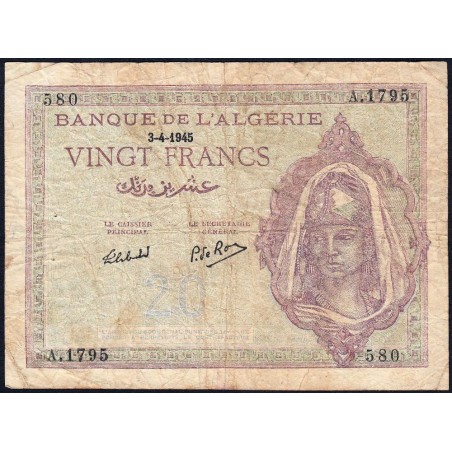 Algérie - Pick 92b - 20 francs - Série A.1795 - 03/04/1945 - Etat : TB-