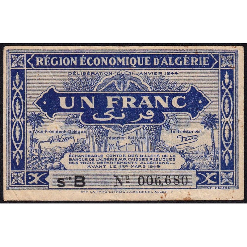 Algérie - Pick 98a - 1 franc - Série B - 31/01/1944 - Etat : TB