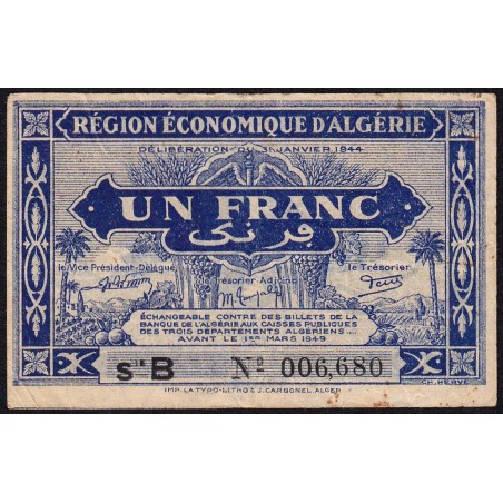 Algérie - Pick 98a - 1 franc - Série B - 31/01/1944 - Etat : TB
