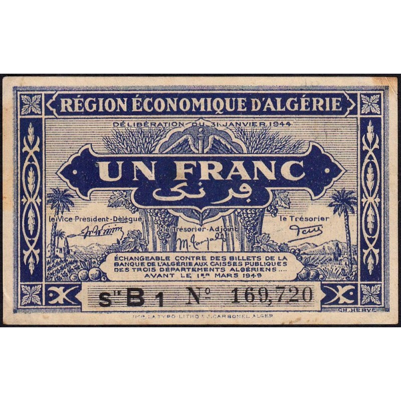Algérie - Pick 98a - 1 franc - Série B - 31/01/1944 - Etat : TTB