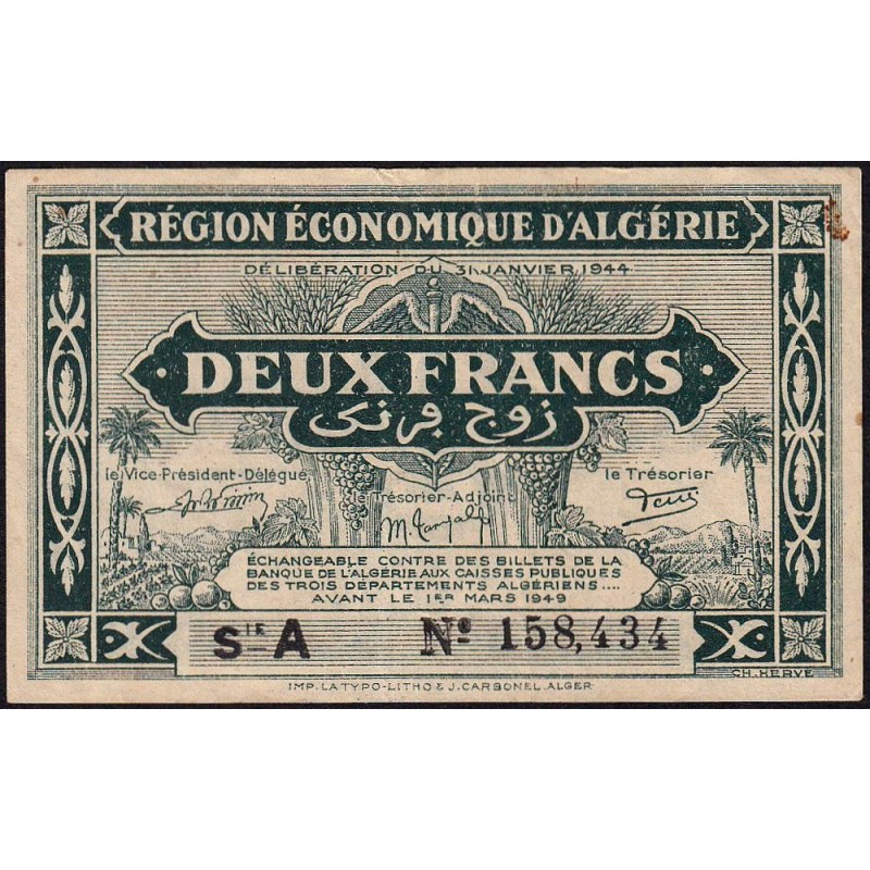 Algérie - Pick 99a - 2 francs - Série A - 31/01/1944 - Etat : TTB