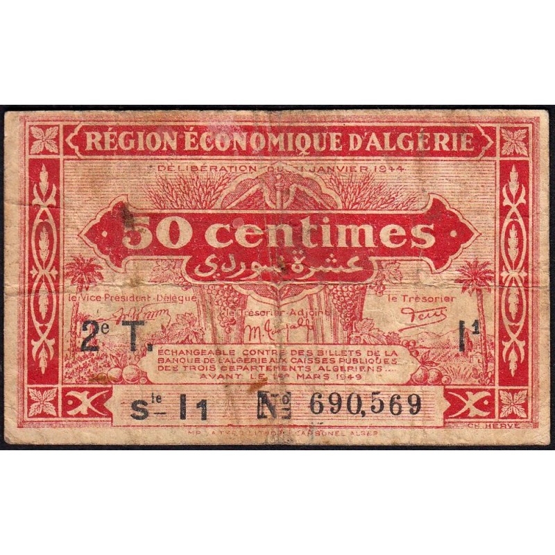 Algérie - Pick 100 - 50 centimes - Série I1 - 31/01/1944 - Variété - Etat : TB-