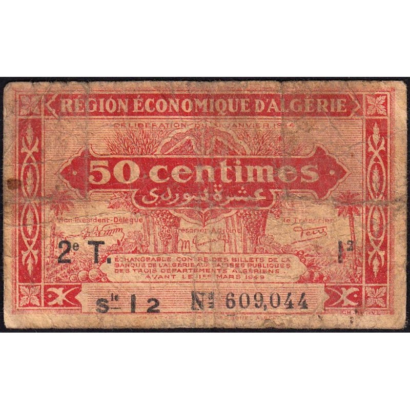 Algérie - Pick 100 - 50 centimes - Série I2 - 31/01/1944 - Etat : B