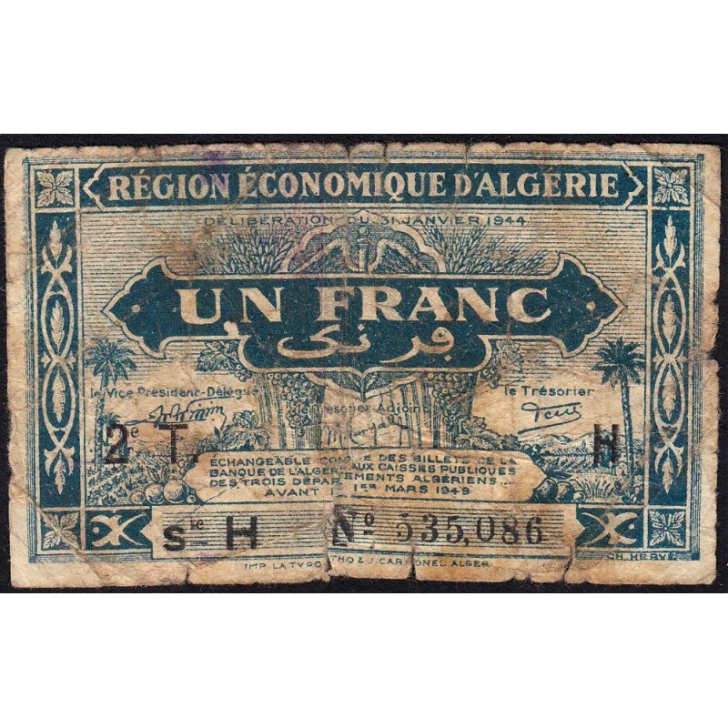Algérie - Pick 101 - 1 franc - Série H - 31/01/1944 - Etat : B-