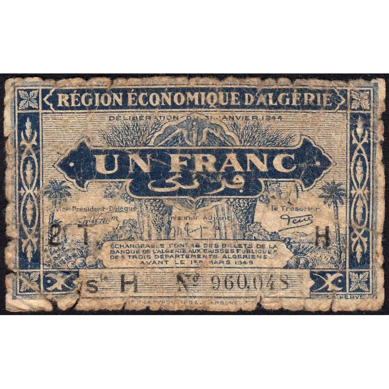 Algérie - Pick 101 - 1 franc - Série H - 31/01/1944 - Etat : AB