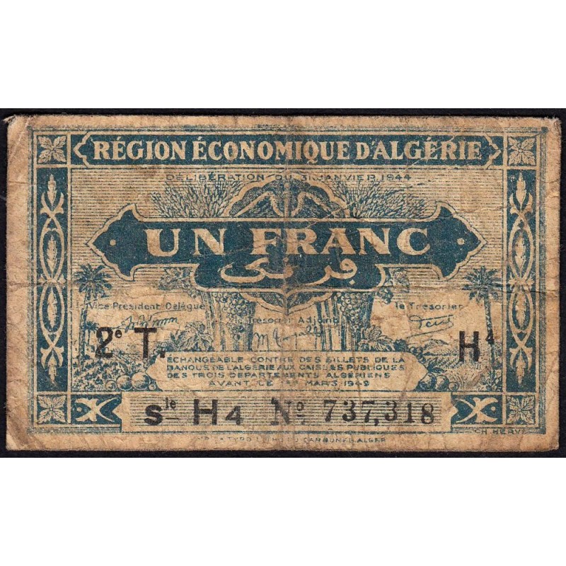 Algérie - Pick 101 - 1 franc - Série H4 - 31/01/1944 - Etat : B+