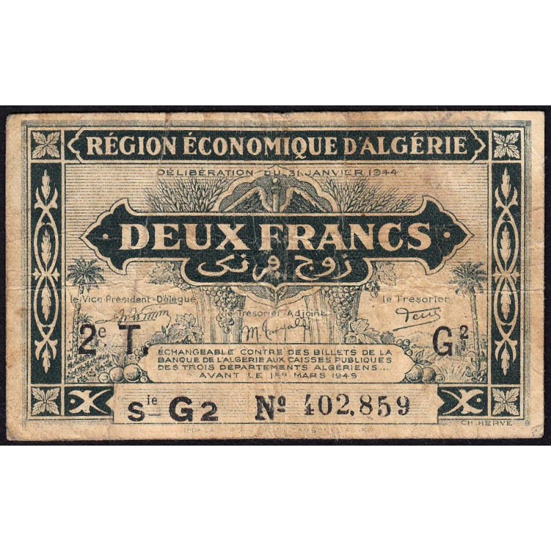 Algérie - Pick 102 - 2 franc - Série G2 - 31/01/1944 - Etat : TB+
