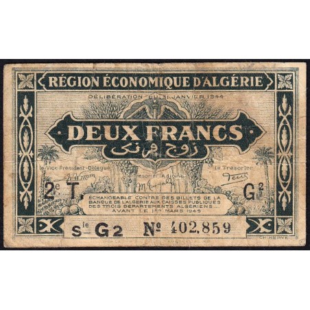Algérie - Pick 102 - 2 franc - Série G2 - 31/01/1944 - Etat : TB+