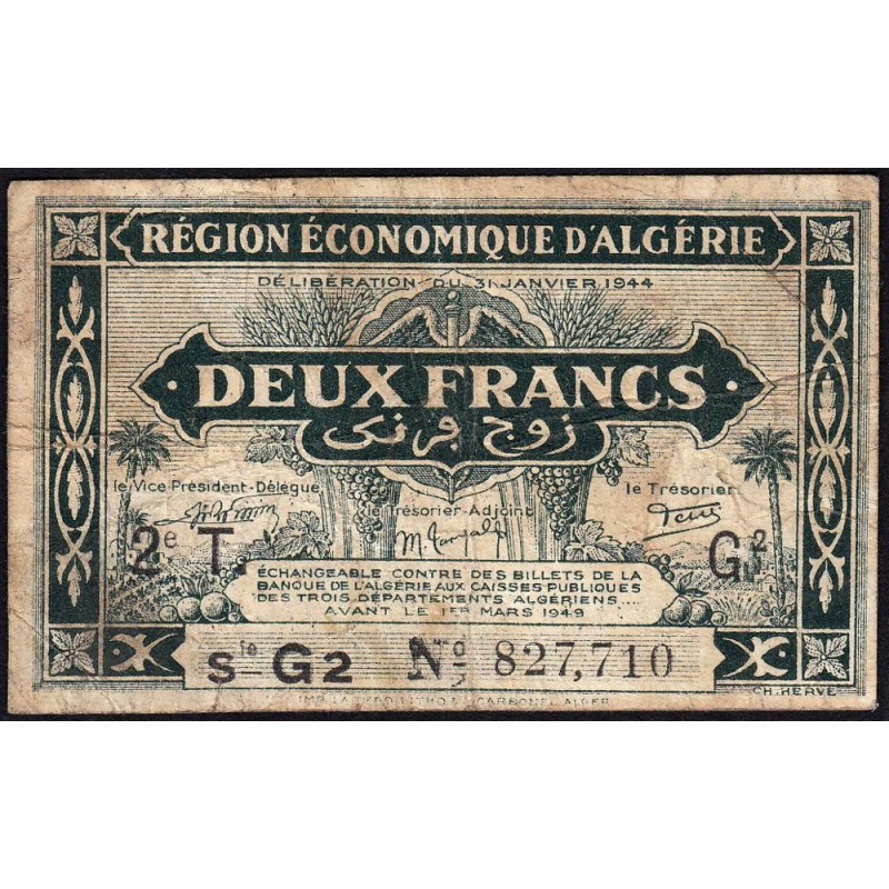 Algérie - Pick 102 - 2 franc - Série G2 - 31/01/1944 - Etat : TB