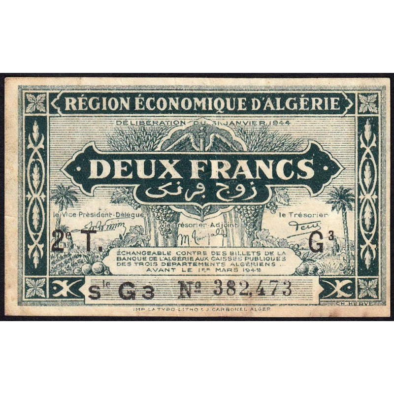 Algérie - Pick 102 - 2 franc - Série G3 - 31/01/1944 - Etat : TTB-