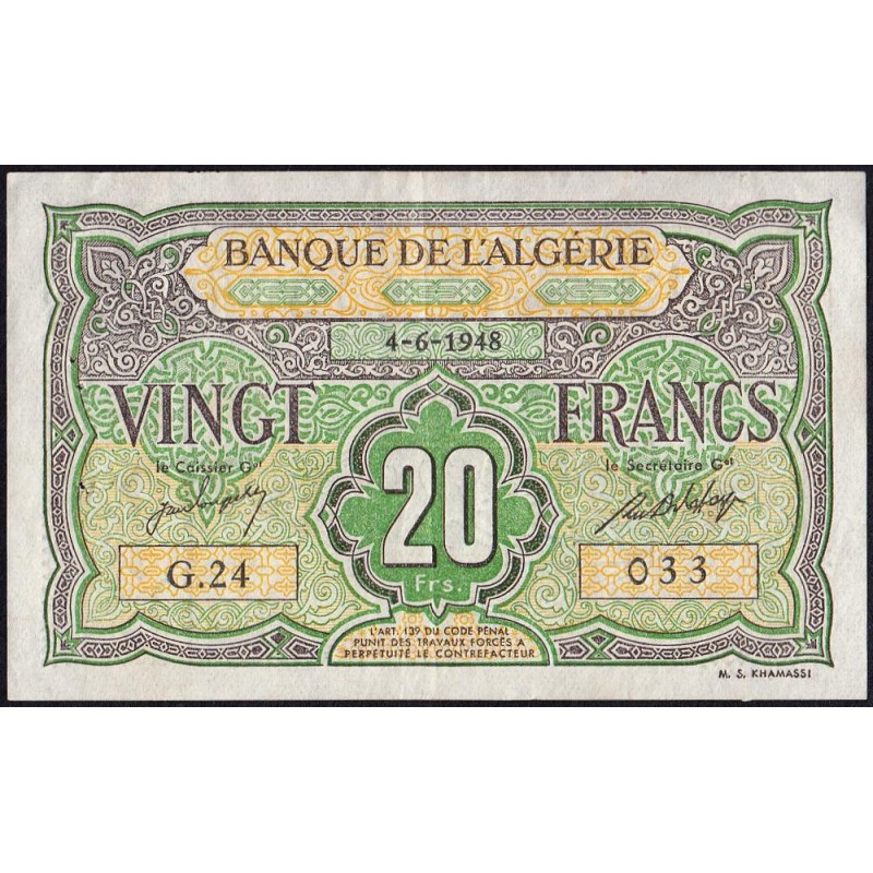 Algérie - Pick 103 - 20 francs - Série G.24 - 04/06/1948 - Etat : TTB