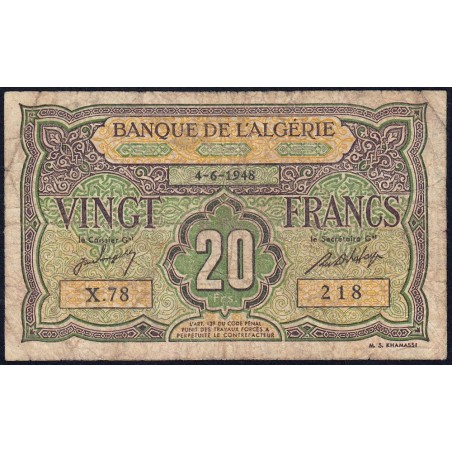 Algérie - Pick 103 - 20 francs - Série X.78 - 04/06/1948 - Etat : B+ à TB-