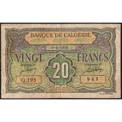 Algérie - Pick 103 - 20 francs - Série Q.193 - 04/06/1948 - Etat : B+ à TB-
