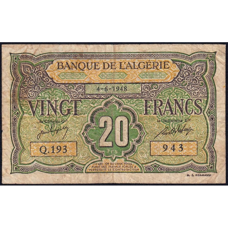 Algérie - Pick 103 - 20 francs - Série Q.193 - 04/06/1948 - Etat : B+ à TB-