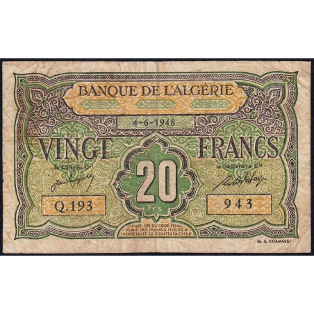 Algérie - Pick 103 - 20 francs - Série Q.193 - 04/06/1948 - Etat : B+ à TB-