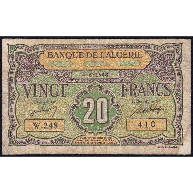 Algérie - Pick 103 - 20 francs - Série W.248 (remplacement) - 04/06/1948 - Etat : B+ à TB-