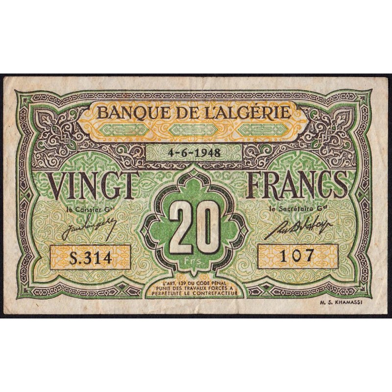 Algérie - Pick 103 - 20 francs - Série S.314 - 04/06/1948 - Etat : TB à TB+