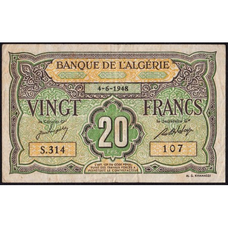 Algérie - Pick 103 - 20 francs - Série S.314 - 04/06/1948 - Etat : TB à TB+