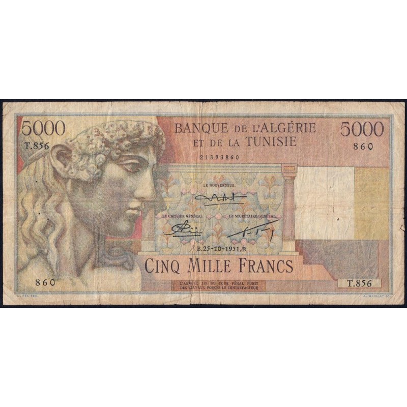 Algérie - Pick 109b - 5'000 francs - Série T.856 - 25/10/1951 - Etat : B+