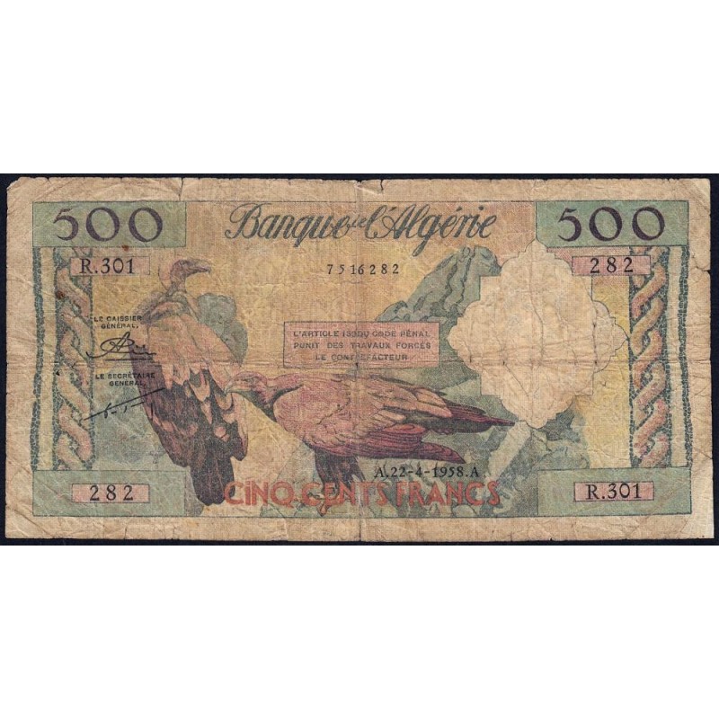 Algérie - Pick 117 - 500 francs - Série R.301 - 22/04/1958 - Etat : B-