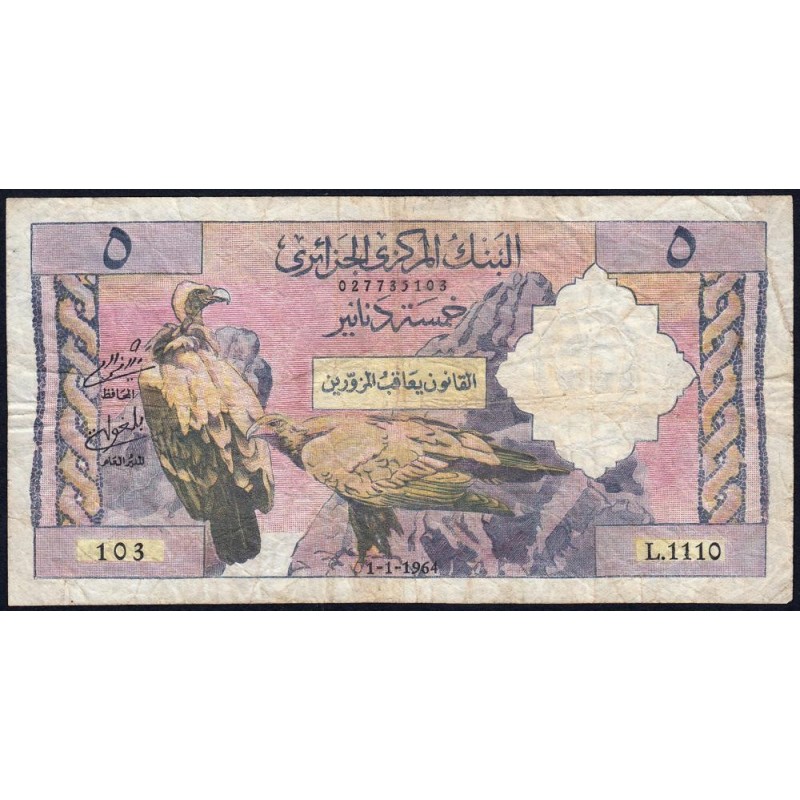 Algérie - Pick 122b - 5 dinars - Série L.1110 - 01/01/1964 - Etat : TB-