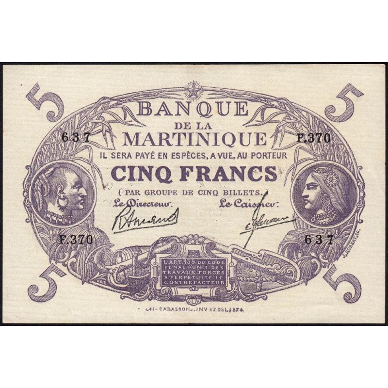Martinique - Pick 6_3 - 5 francs - Série F.370 - 1945 - Etat : SUP