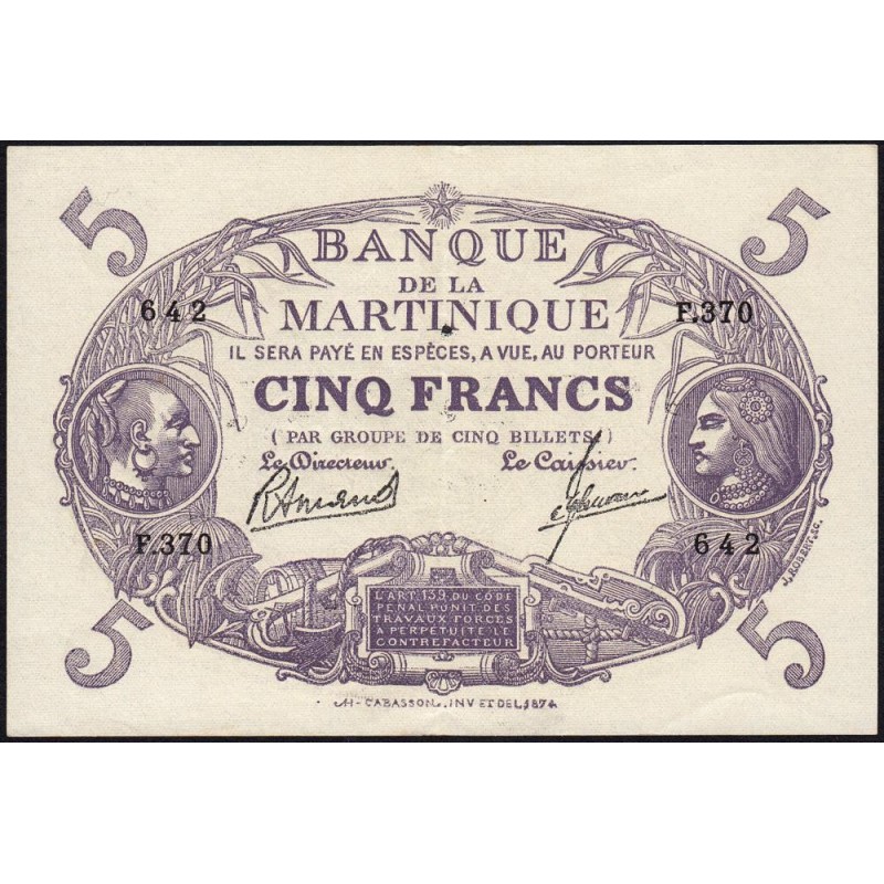 Martinique - Pick 6_3 - 5 francs - Série F.370 - 1945 - Etat : SUP+