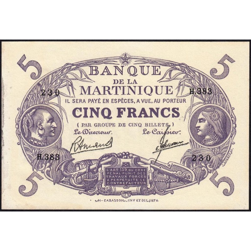 Martinique - Pick 6_3 - 5 francs - Série H.383 - 1945 - Etat : TTB+