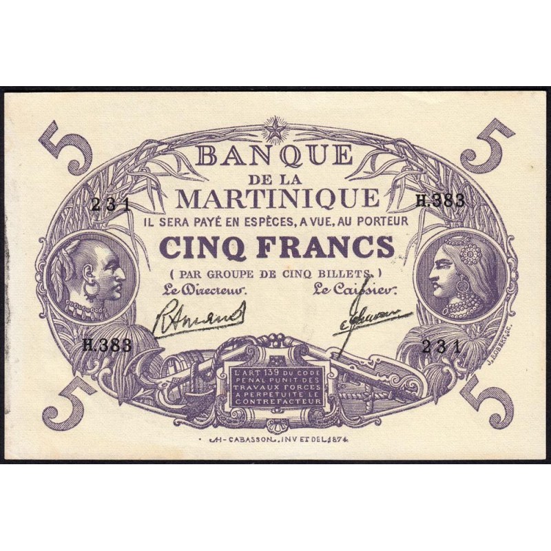 Martinique - Pick 6_3 - 5 francs - Série H.383 - 1945 - Etat : TTB+